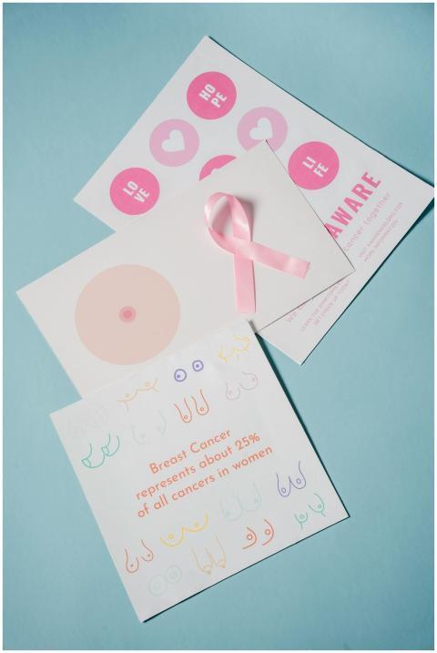 Pink ribbon and awareness cards highlighting breas