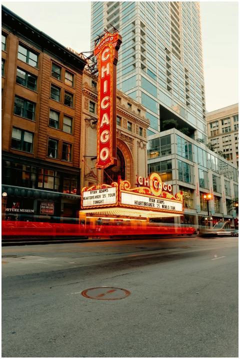 Nighttime view of the Chicago Theater with light t