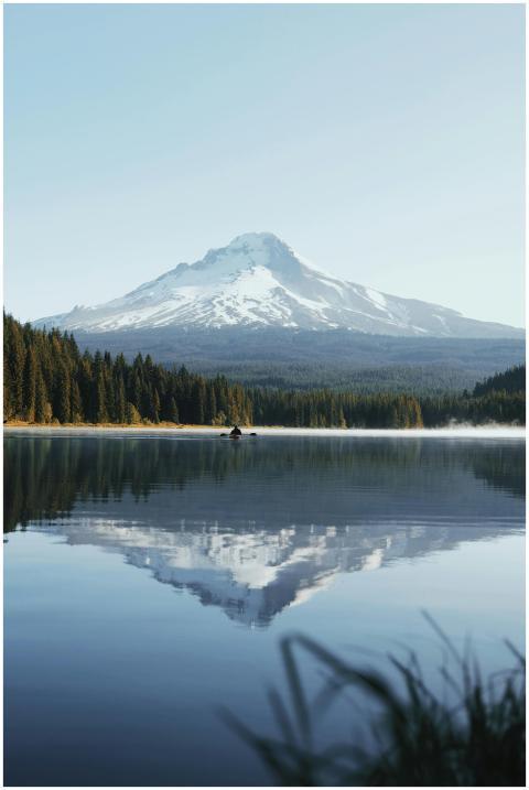 A peaceful scene of a lake with snow-capped mounta