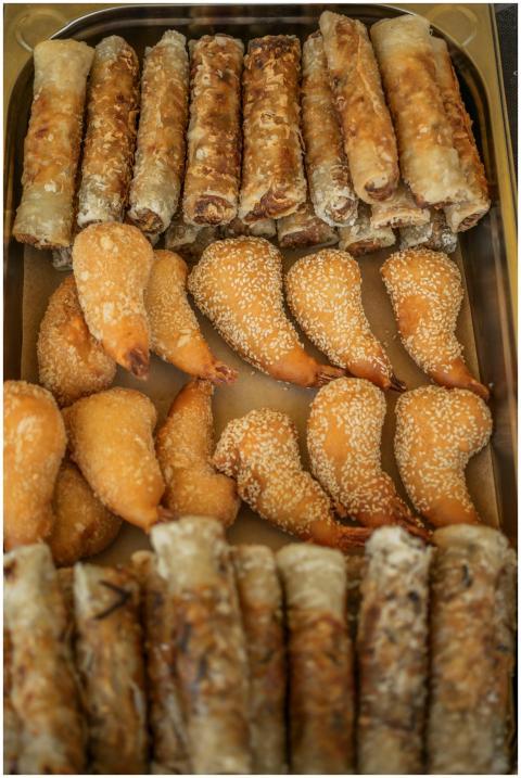 Tray of assorted fried appetizers including spring
