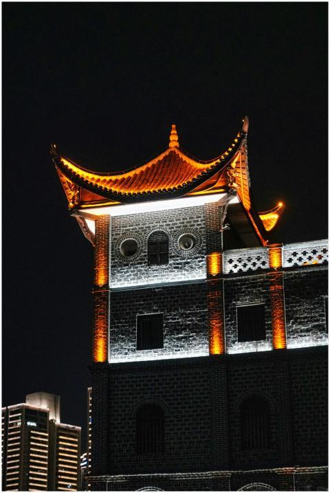 Night view of an illuminated traditional Chinese p
