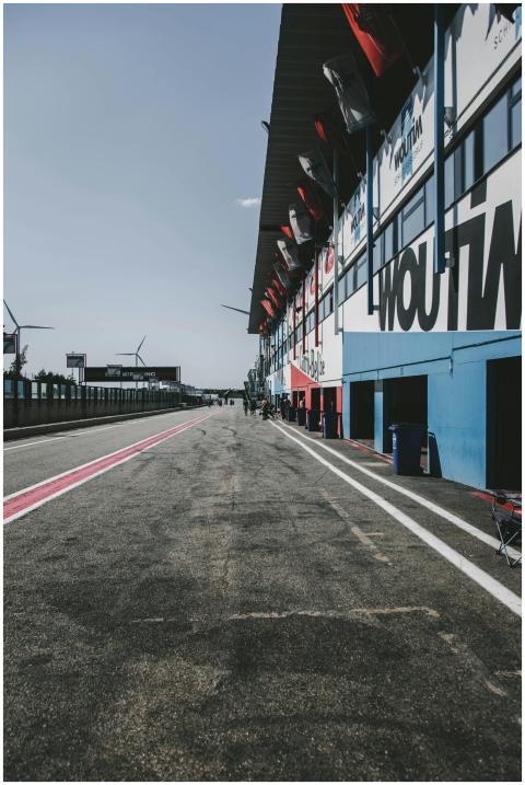 An empty pit lane at a race track in Heusden-Zolde