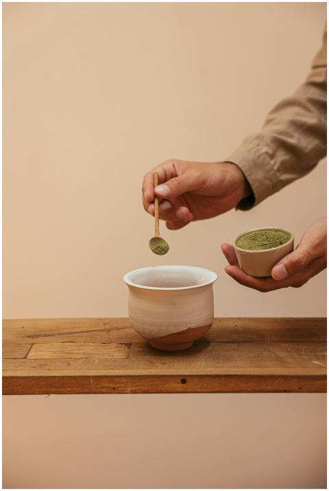 Close-up of matcha preparation in a tea ceremony w