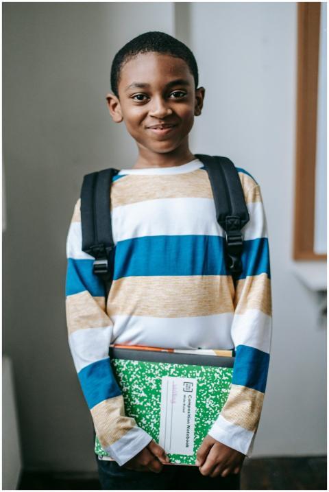 Cheerful schoolboy holding books and smiling in a