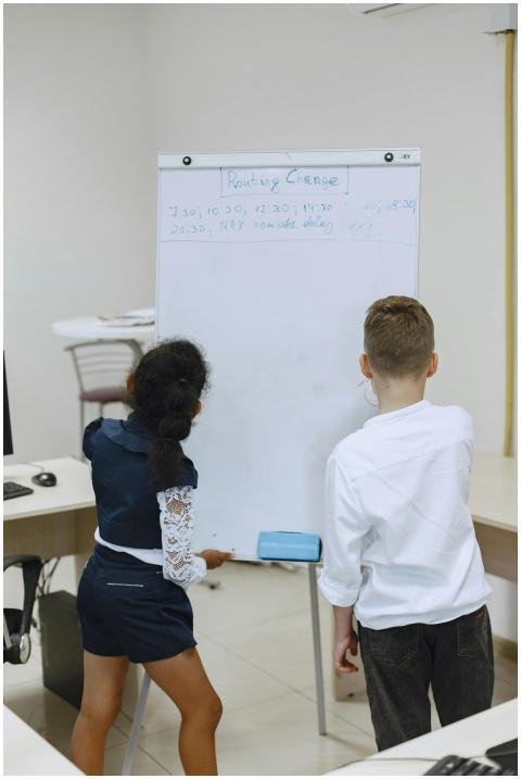 Two students work together on a whiteboard in a cl