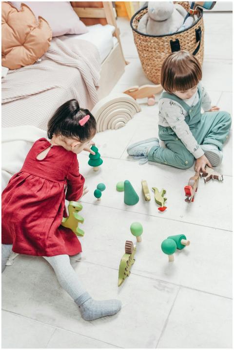 Two young children sitting on the floor enjoying p