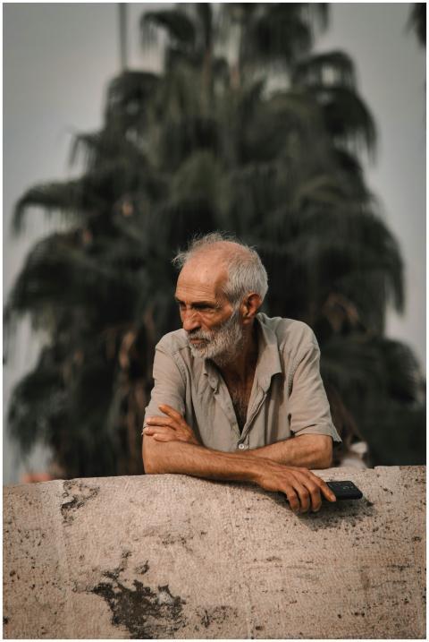 Elderly man leaning on stone railing outdoors in A