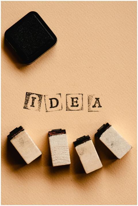 Close-up of letter stamps spelling 'idea' with ink