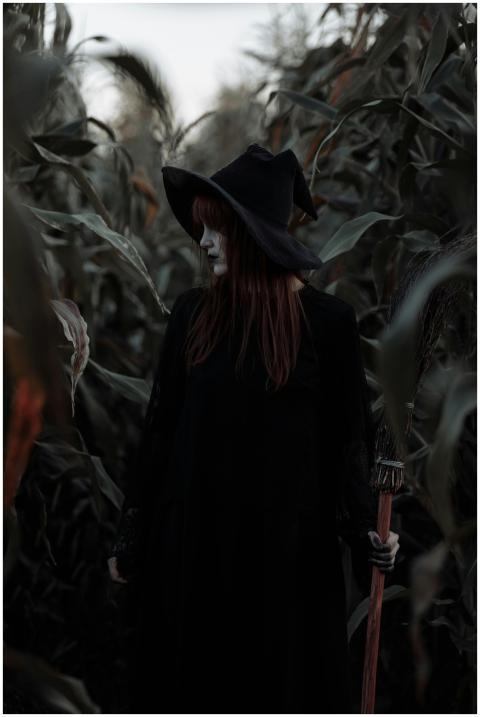 A witch with long hair holding a broom in a spooky
