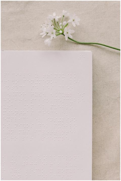 White flower with Braille page, symbolizing access