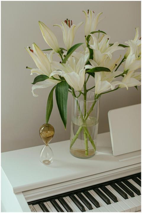 A stylish arrangement of Madonna lilies in a glass