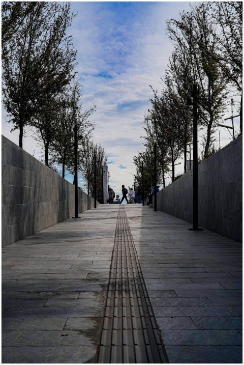 A city walkway flanked by trees and walls, featuri