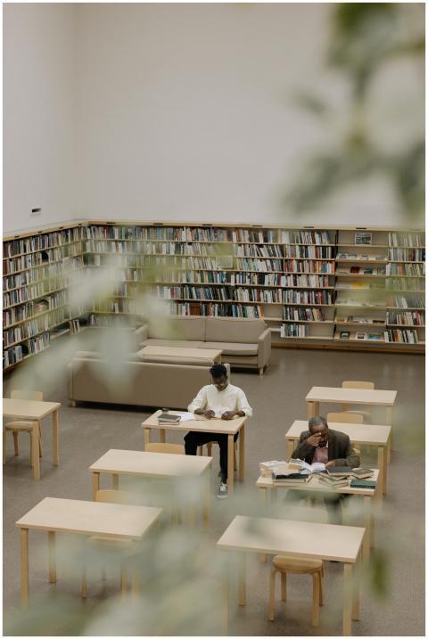 Two men engrossed in reading inside a peaceful lib
