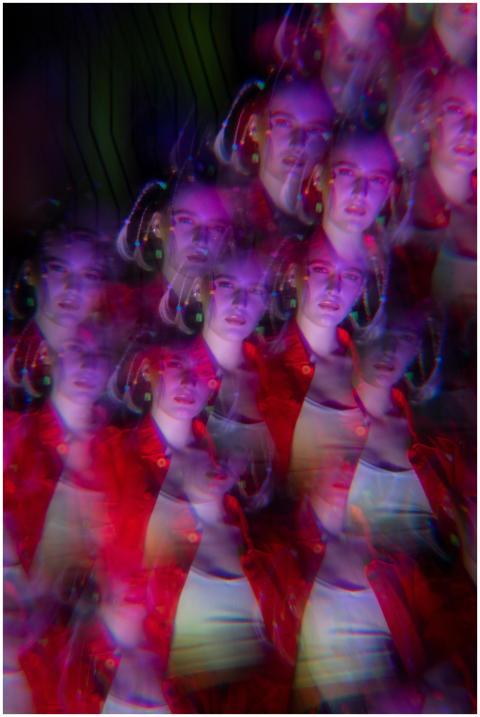Multiexposure image featuring a woman with vivid c
