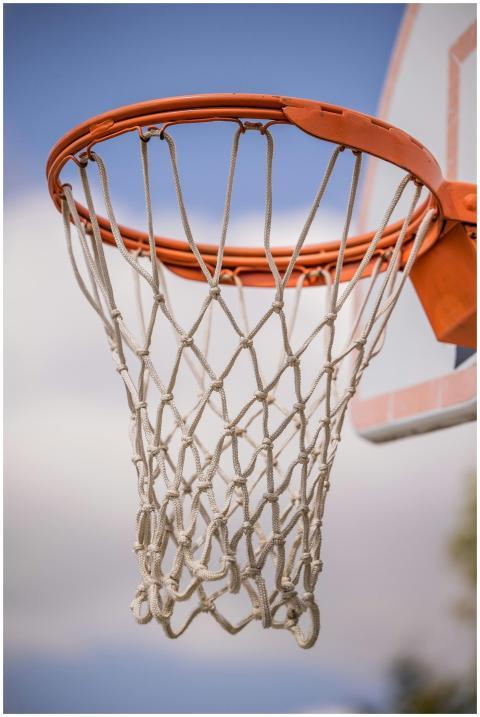 Close-up of an outdoor basketball hoop against a c