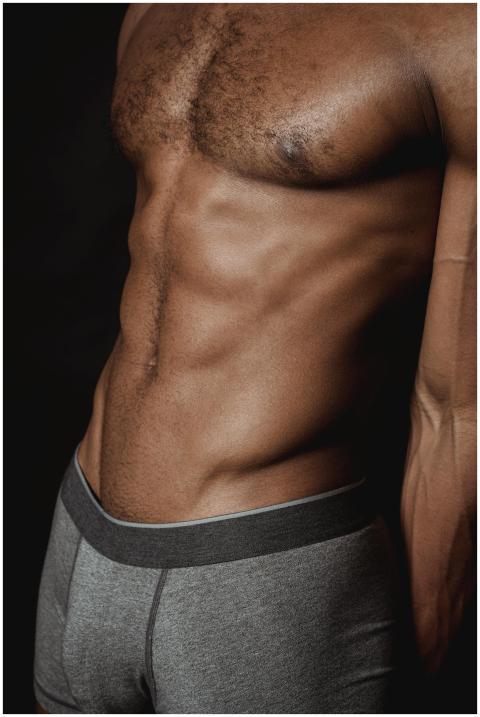 Close-up of a shirtless male torso showcasing musc