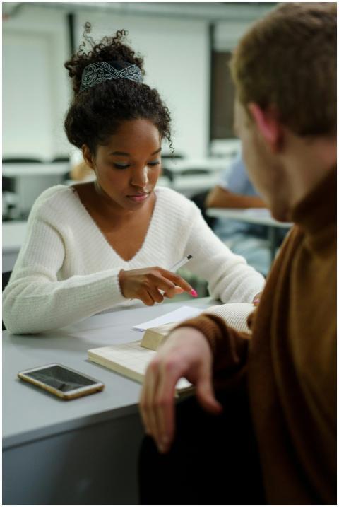 Two students collaborating on studies indoors, foc