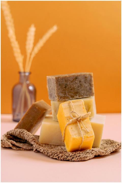 Stack of organic handmade soap bars with a minimal