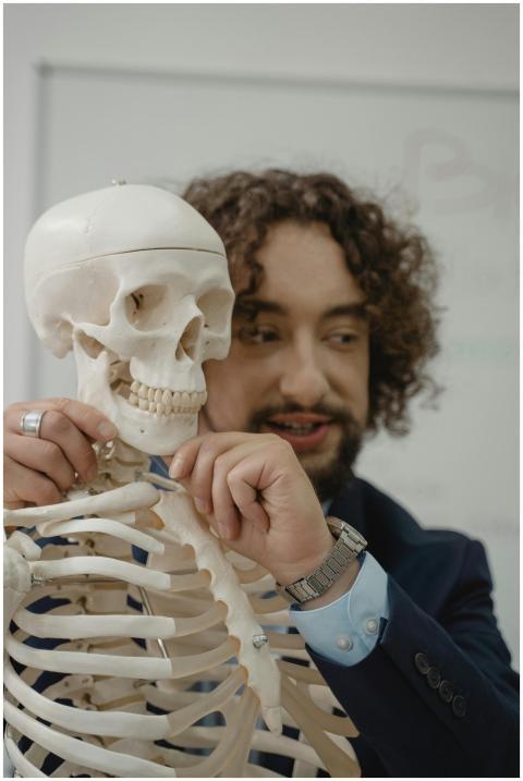 Teacher discussing human skeleton anatomy in a cla