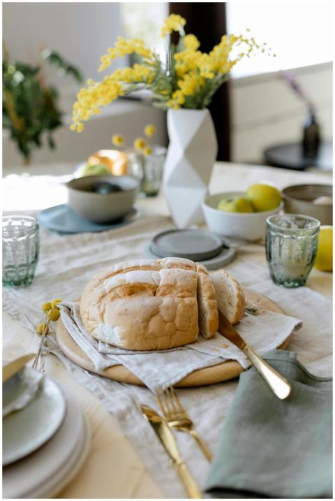 Inviting dining setting featuring sliced bread and