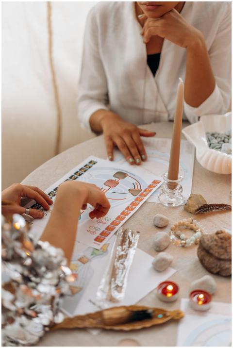 Two women engaged in a spiritual practice with can