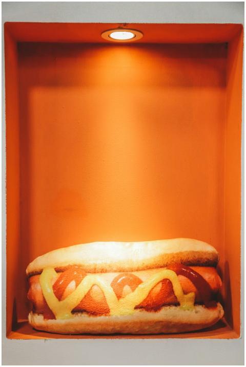 Close-up of a tasty hotdog model with mustard and