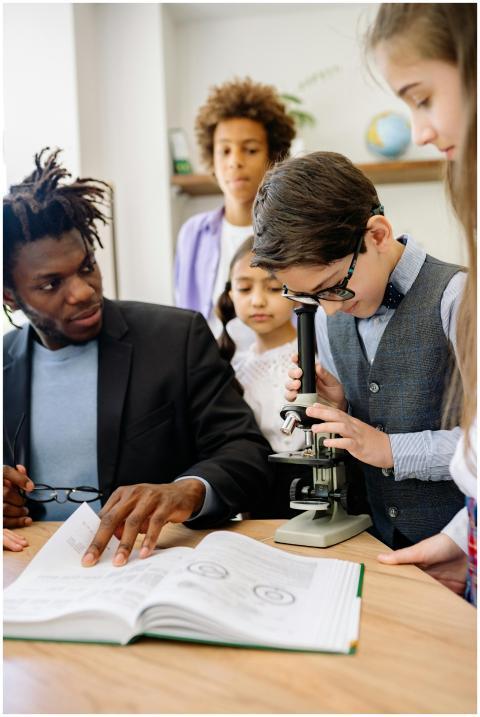 Students and teacher in a science class using a mi