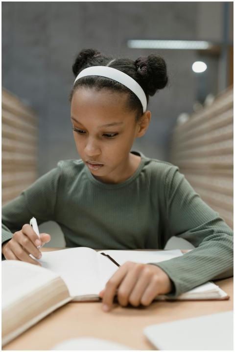 Young girl deeply focused on studying with books i