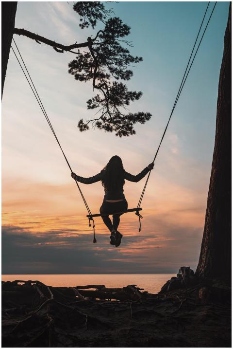 A woman swings on a tree above the sea at sunset,