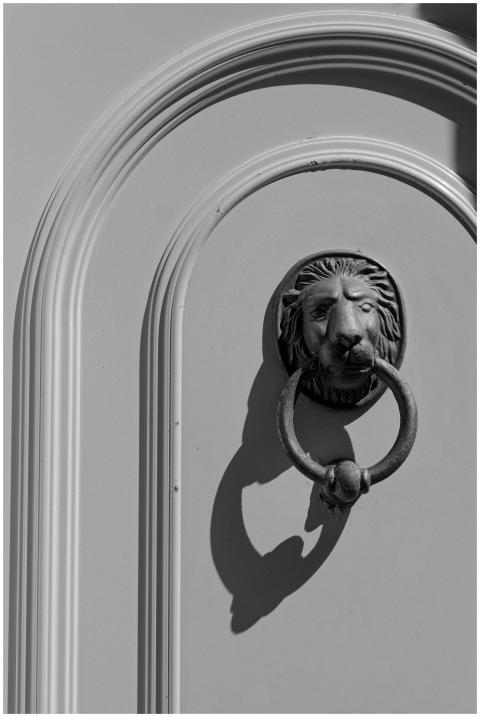 Black and white photo of a classic lion door knock