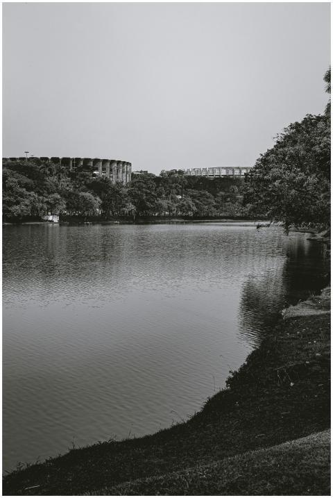 Scenic black and white view of Pampulha Lake and M