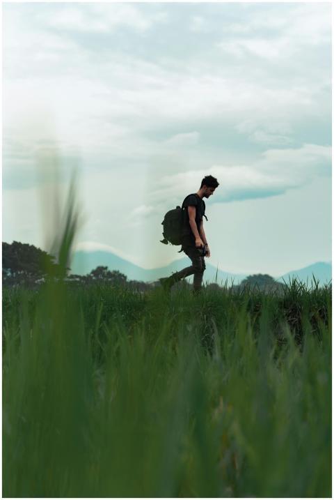 A traveler with a backpack exploring the lush rice
