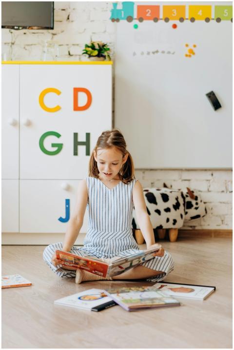 Young girl reading a book surrounded by educationa