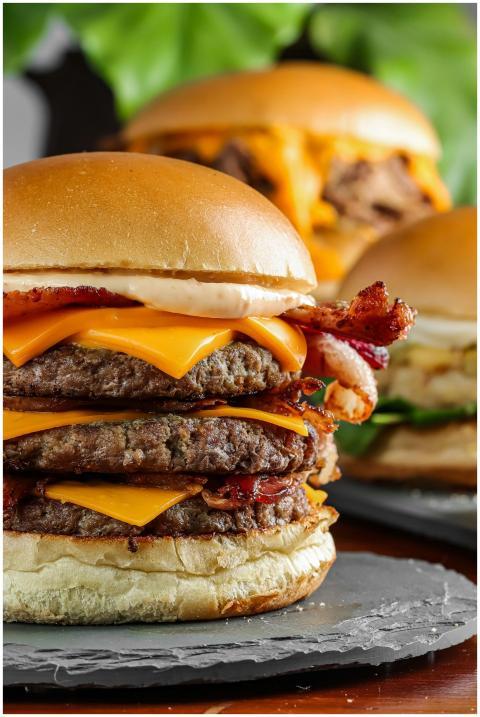 Juicy stacked cheeseburger with bacon, cheese, and