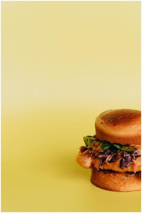 Close-up of a gourmet burger with coleslaw on a vi