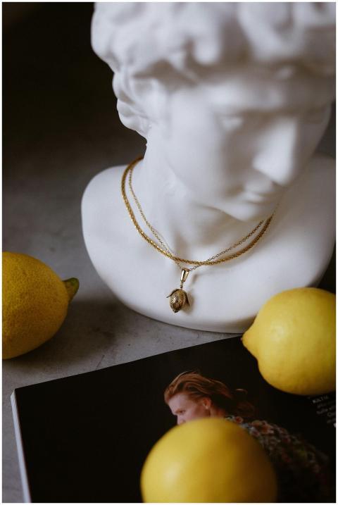 A marble bust adorned with jewelry among lemons an
