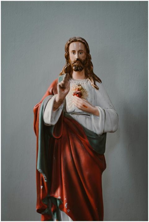 Close-up of a Sacred Heart of Jesus statue indoors
