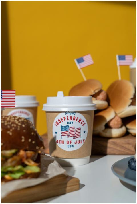 Patriotic themed fast food setup with American fla