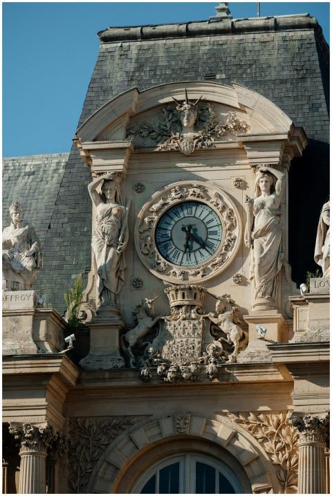 Intricate details of a historic French clock tower
