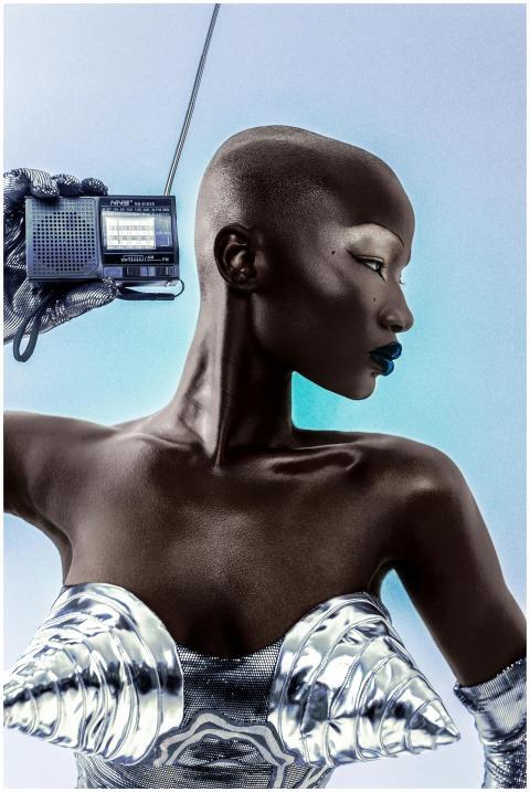 Bold fashion portrait showcasing futuristic style