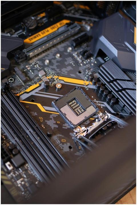 Detailed view of a computer motherboard highlighti