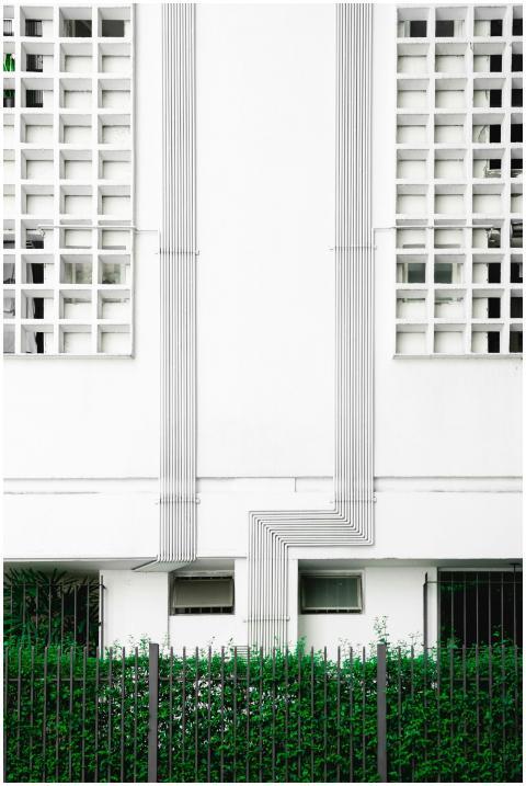 Symmetrical facade of a modern building with green