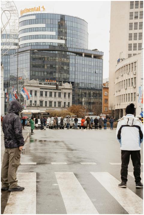 A bustling scene in Novi Sad, Serbia, showcasing m