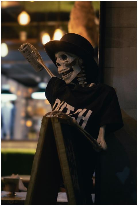 Skeleton mannequin with hat in cafe, Aguascaliente