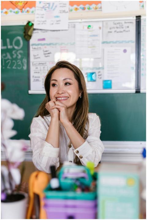 Happy teacher in a classroom leaning on desk with