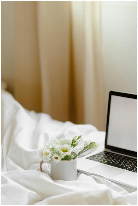 Serene indoor setting featuring a laptop and flowe