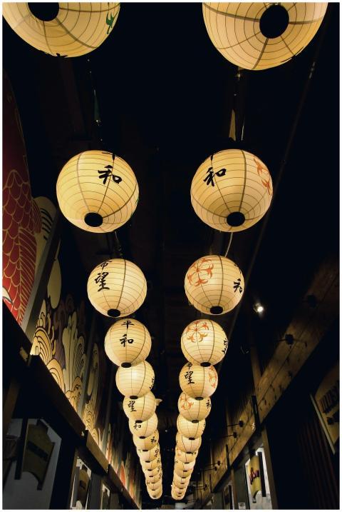 Rows of traditional Japanese paper lanterns glowin