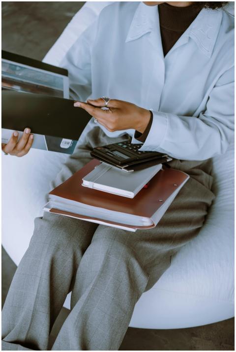 A woman in professional attire organizing document