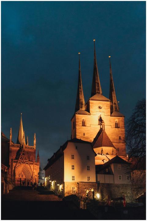 Majestic view of Erfurt Cathedral illuminated agai