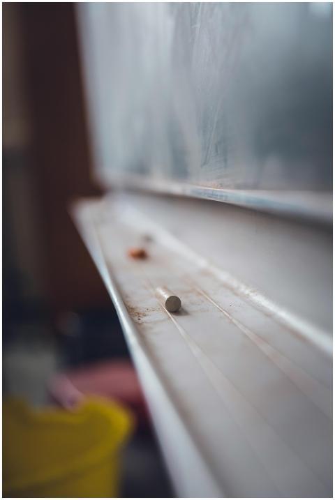 Dusty chalk resting on chalkboard ledge creating e